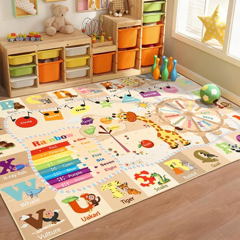 B BENRON Kids Rugs for Playroom Washable, Educational and Fun Learning Rugs with ABC Alphabet Animals Shapes, Baby Toddler Children's Play Mat for Bedroom Classroom Nursery, 5x7 Feet, Beige and Pink - Image 1